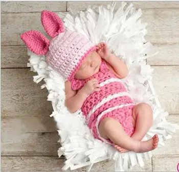

free shipping,Newborn Baby kintting Pink Rabbit Beanie Photography Props Hats+ Vest + shorts Costume Set