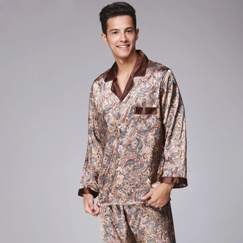 2016 Autumn Pajama Set for Men Quality Faux Silk Long Sleeve Pajama ...