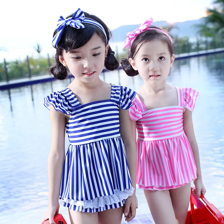 

kids swimsuit 2016 cute arrival pink/blue three pieces with hair band shirt for children swimming wear bathing high quality