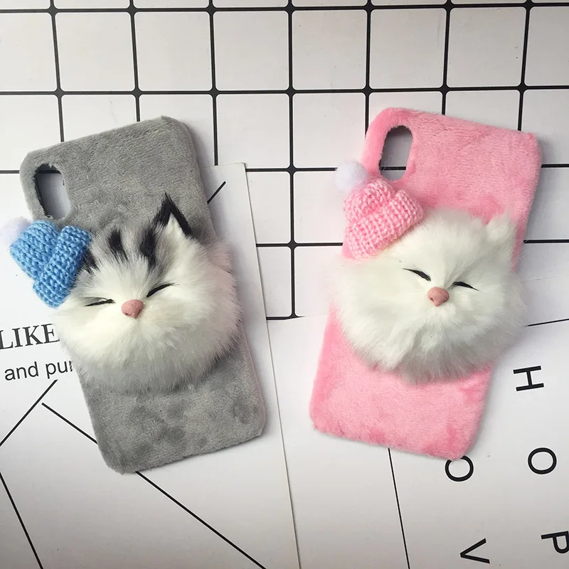 Christmas Hat Cute Cat Fluffy Fur Phone Case For iPhone X Plush Hair Lovely Plush Hard Case For iPhone 8 Plus 7 6s Plus Coque (4)