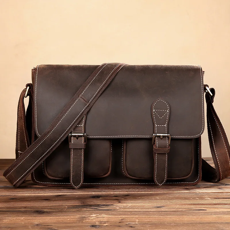 

NEWEEKEND Retro Multifunctional Genuine Leather Cowhide Crazy Horse Messenger Shoulder Crossbody Laptop Ipad Bag for Man