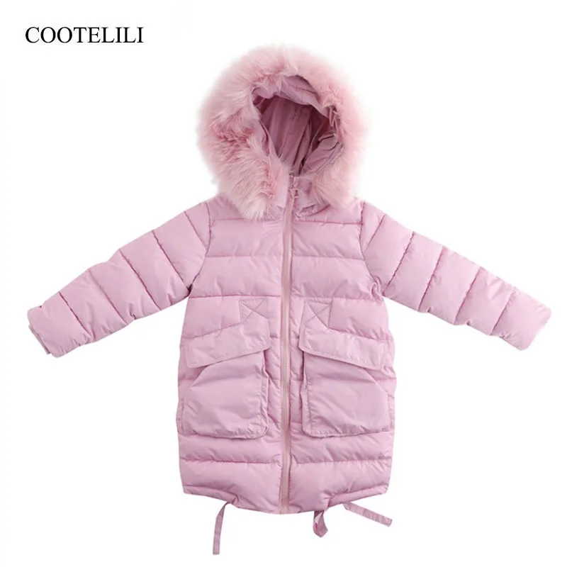 

COOTELILI 120-160cm Children's Winter Jackets For Girls Long Style Cotton Padded Parkas For Girl Real Rabbit Fur Clothes
