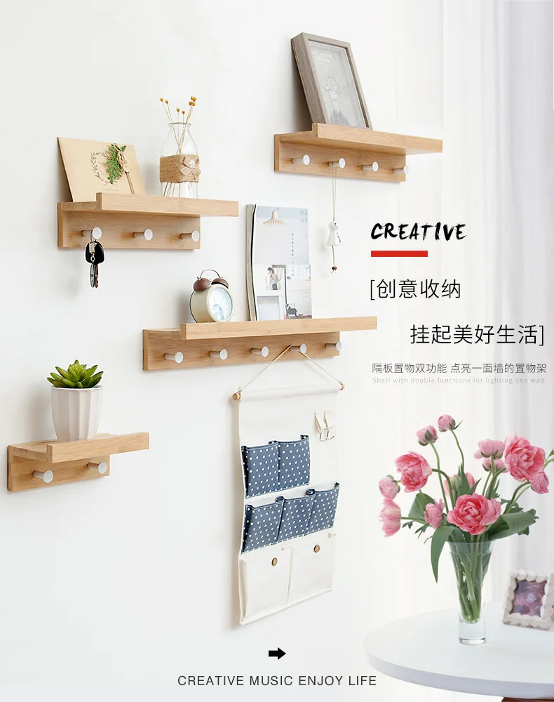 bamboo shelf 5 hooks wall hanging wall solid wood hook rack wall shelf home decotation coat hanger key holder key 4 hooks