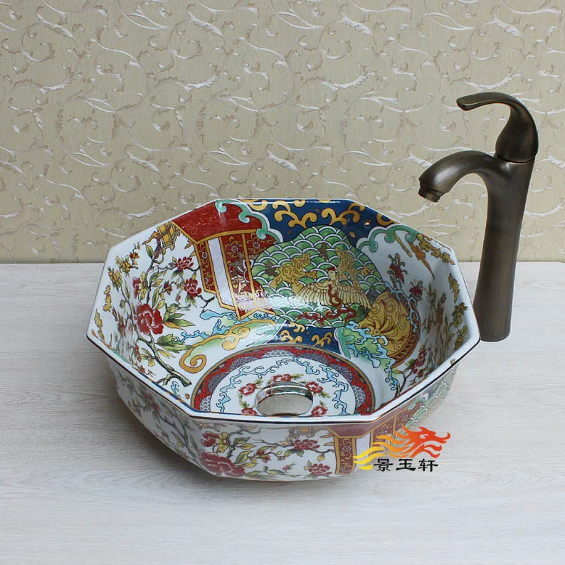 Jingdezhen Art Basin classic antique gold octagonal ceramic basin vanity washbasin |