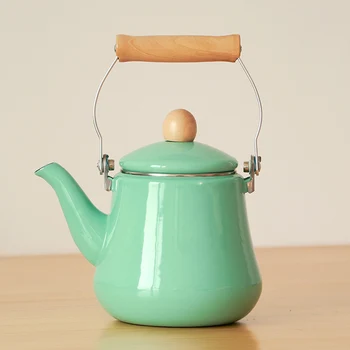 

Japanese style porcelain enamel tea kettle wood hanlde teapot cold pot teakettle gas induction cooker watering can 1.5L