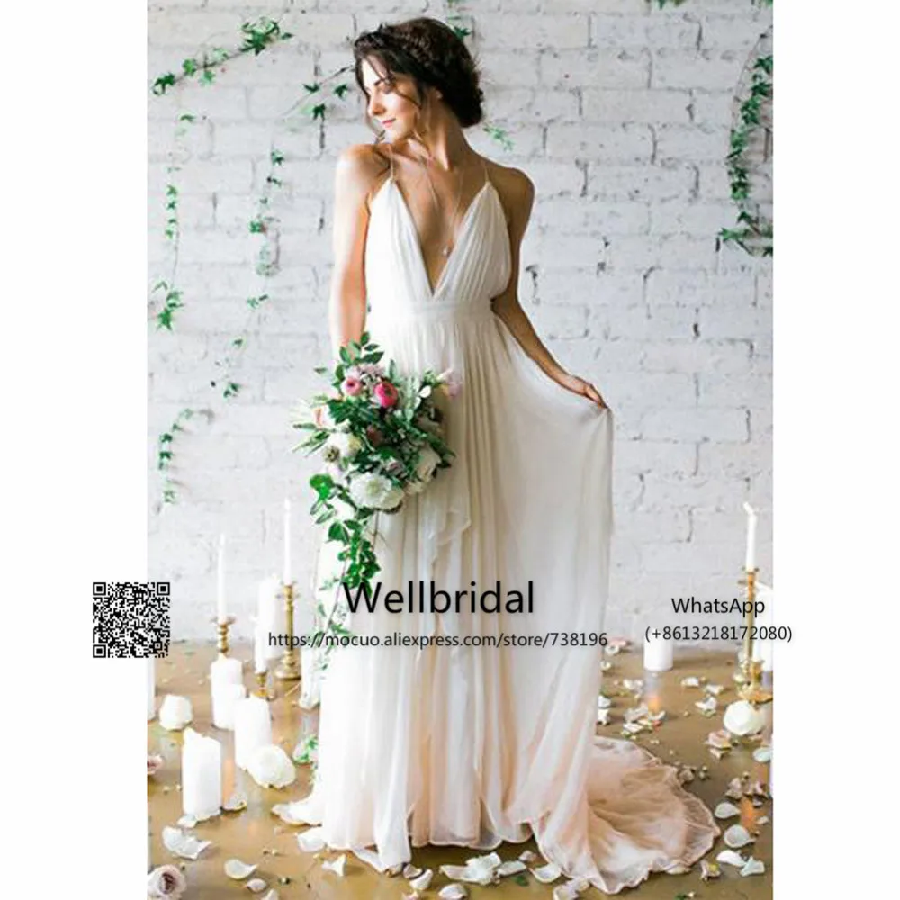 Backless Deep V-neck Sweep Train Beach Wedding Dresses With Straps 1