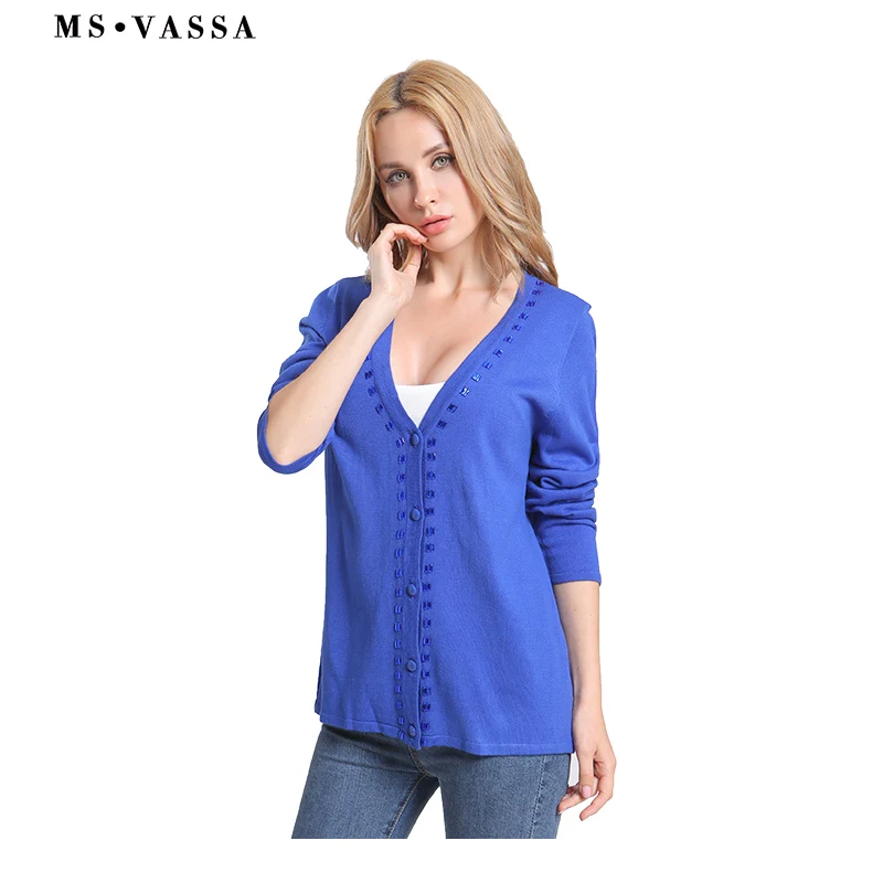 MS VASSA Women Blue Spring Sweaters 2018 New V Neck Cardigans Ladies