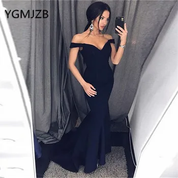 

Navy Blue Long Evening Dresses 2019 Mermaid V-Neck Off The Shoulder Satin Women Formal Prom Gown Party Dress Robe De Soiree