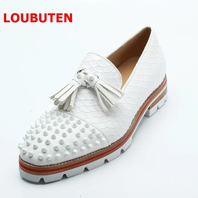 LOUBUTEN White Snakeskin Pattern Genuine Leather Tassel Loafers Slip On Men Dress Shoes Luxury Rivets Casual Shoes