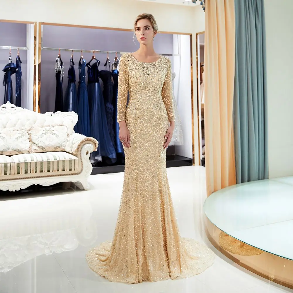 High quality beaded evening Dresses long 2018 mermaid open back evening party dresses hijab Prom gown tulle formal Gown Vestido