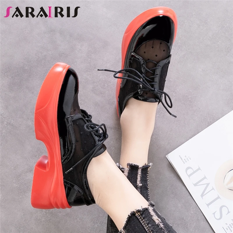 

SARAIRIS New Fashion Patent Genuine Cow Leather Lace Up Flat Platform Shoes Woman Casual Party Luxury Spring Autumn Flats