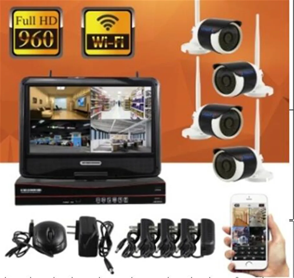 

10 Inch LCD Display WIFI 960p Wireless 4CH IP Camera NVR Kit
