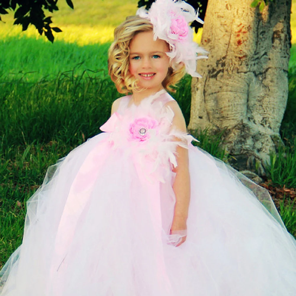 

Romance Feather Flower Brooch Girl Tutu Dress Light Pink Mix White Girls Ball Gown Girl Formal Birthday Wedding Party Dresses
