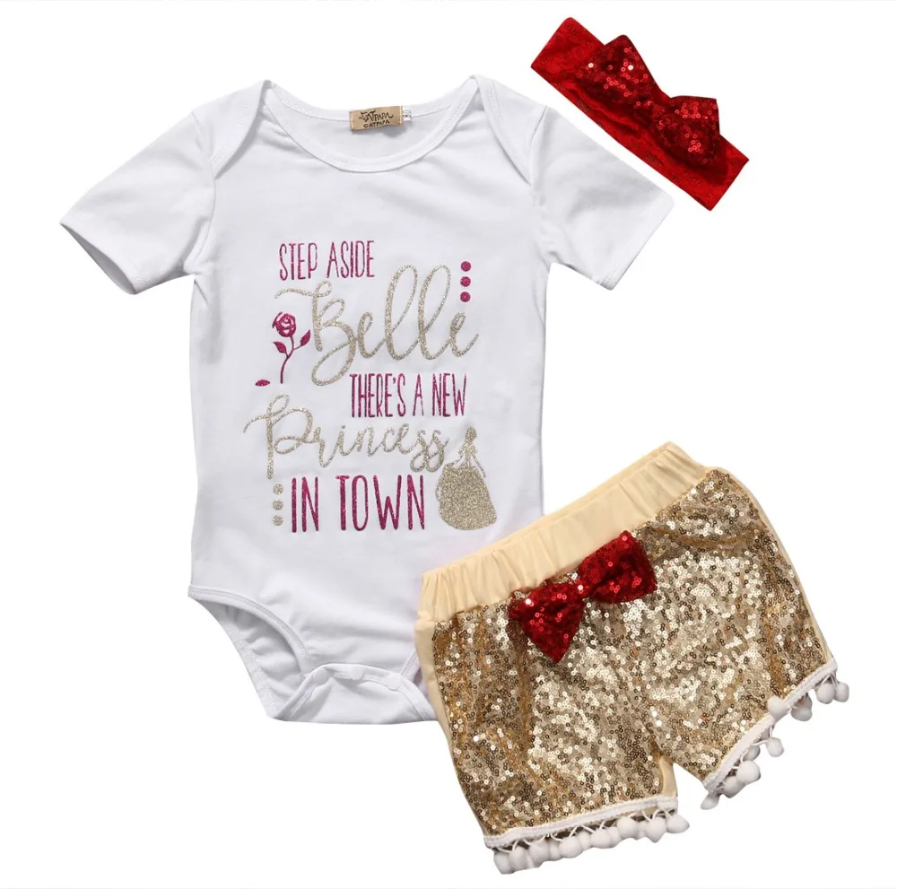 

2) for 0-24M Three pieces shorts set with printed gold wire mesh lace embroidered bead for little girls