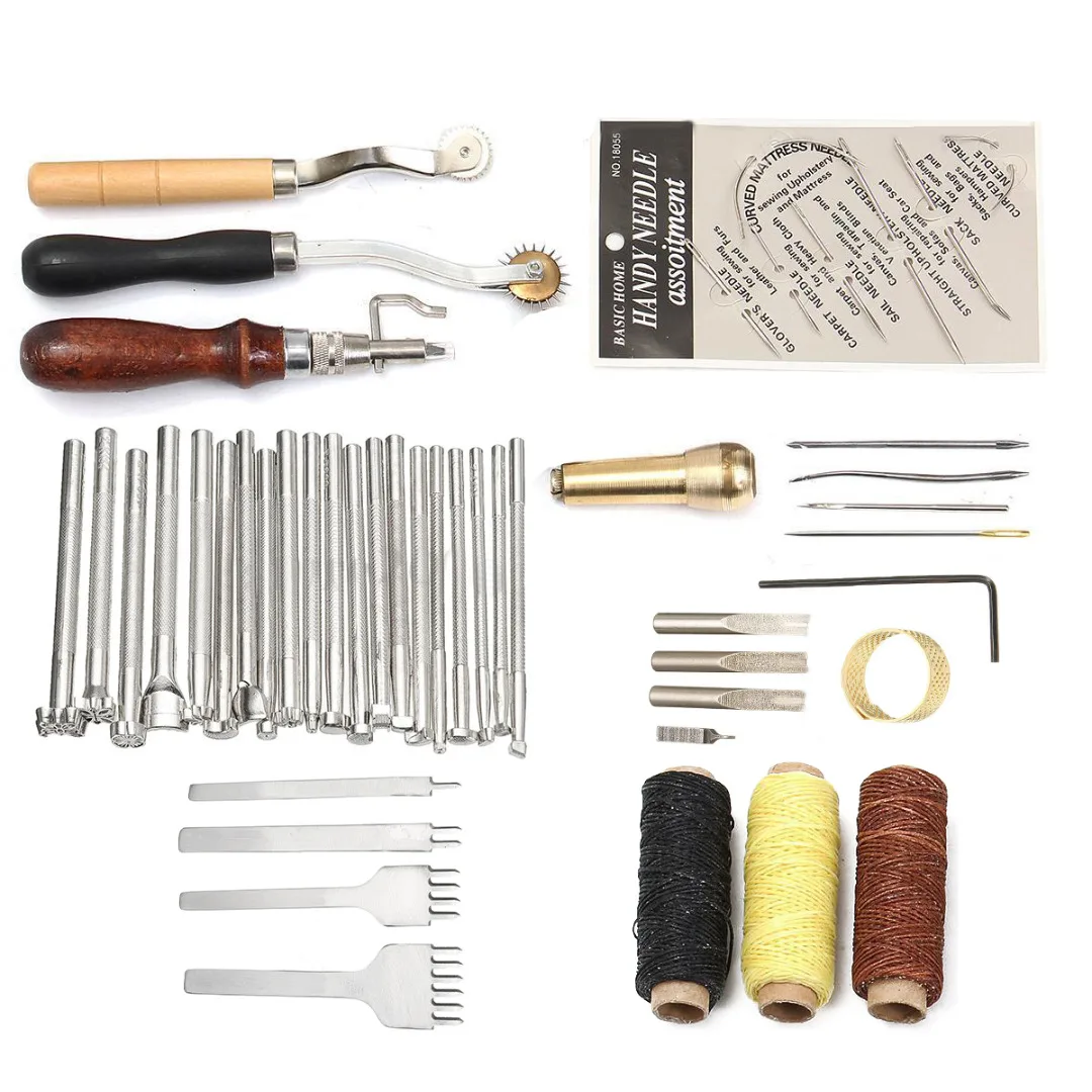 JX-LCLYL 48pcs Leather Craft Hand Tool Kit Sewing Stitching Thread Punch Groover Awl Set