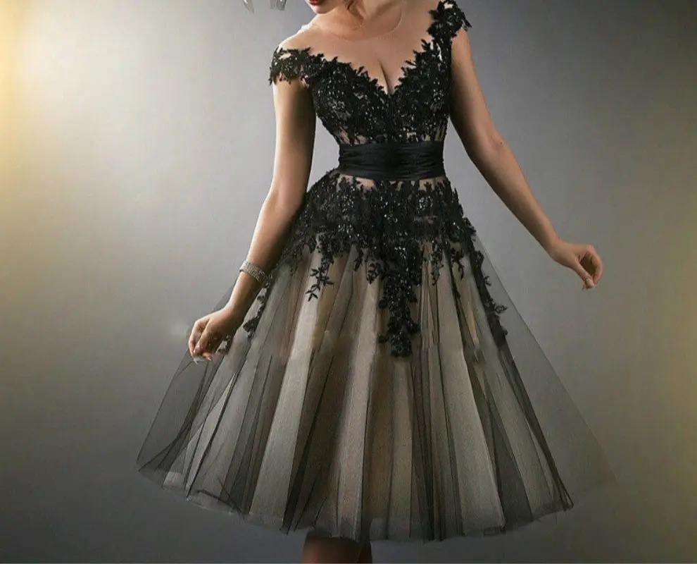 Элегантное женское цветочное кружевное короткое черное вечернее платье с рукавом