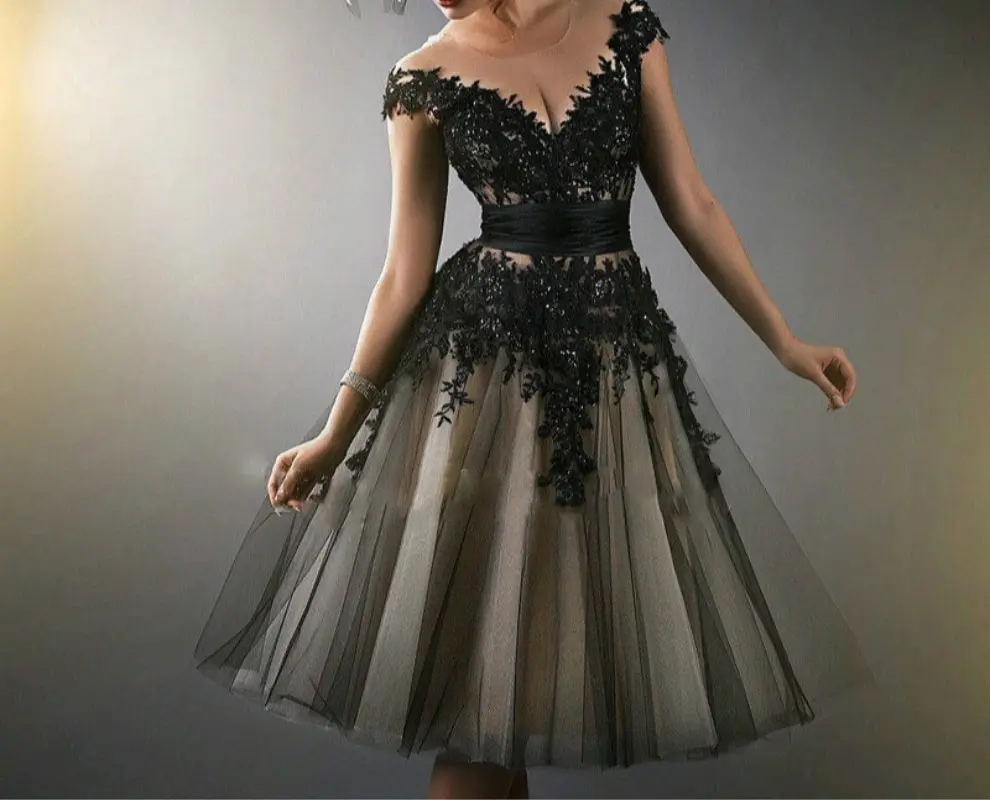 

Elegant Women Floral Lace Short Black Sleeve Evening Party Formal Dress