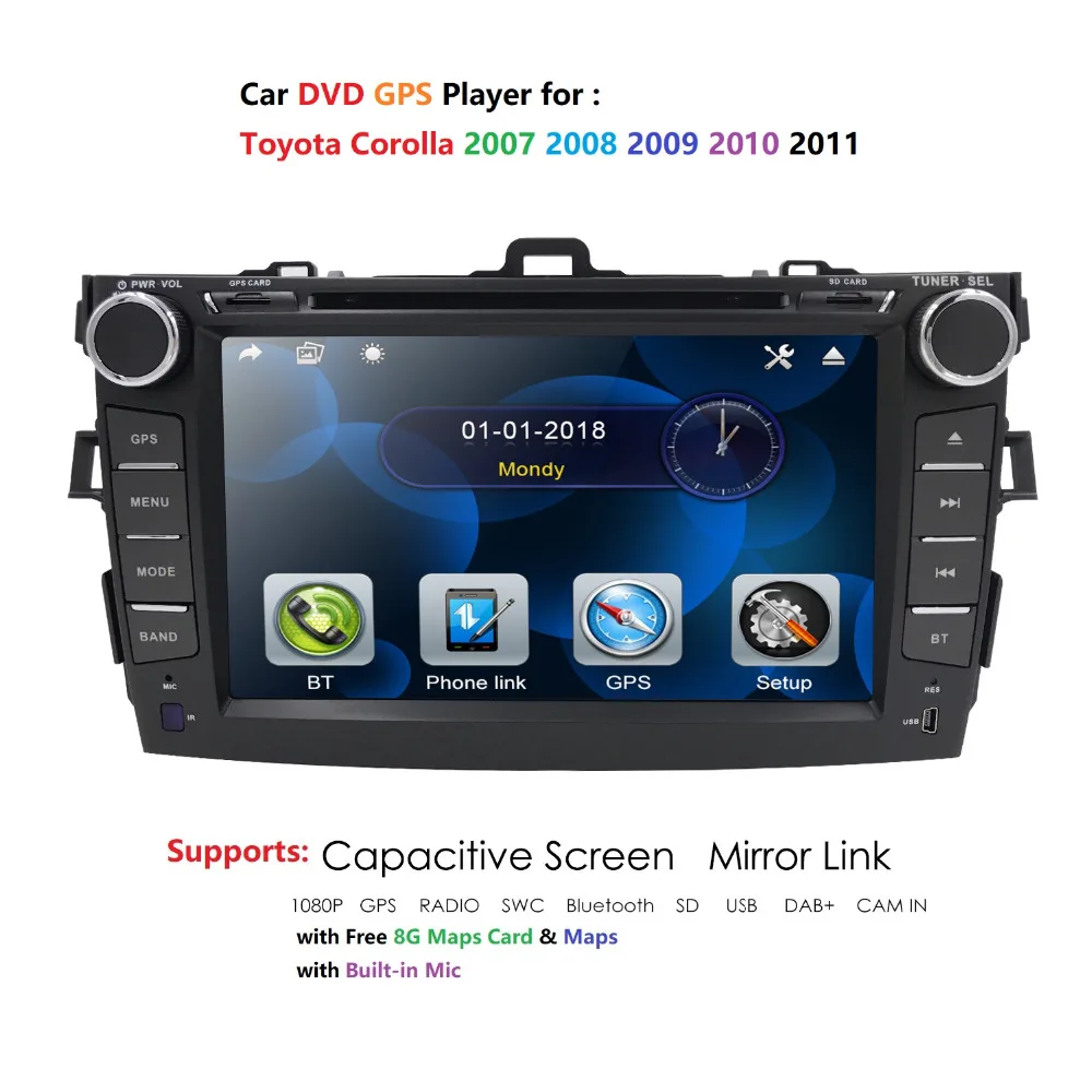 

car dvd for toyota Corolla 2007-2011 car radio multimedia player gps navigation 2din 8 inch car Monitor steering wheel Camera SD