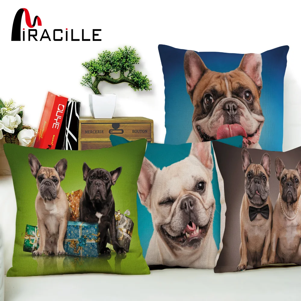 

Miracille French Bulldog Pattern Cushions Covers Cotton Linen Sofa Chair Decorative Pillows Cases Throw Pillowcases Home Decor