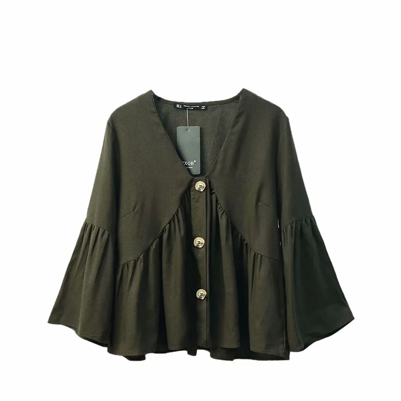 

Klacwaya 2019 Summer Blouse Women Vintage Casual ruffles sleeve sexy V-Neck Long Sleeve Button Linen Top Shirt Blouse