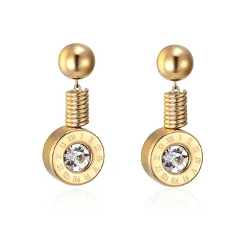 New Arrival Beads Hanging Spring Shape Roman Numerals Woman Drop Earrings Titanium Steel Gold Color Earrings Jewelry Wholesale