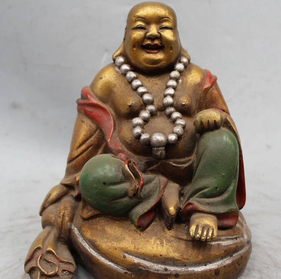 

7" Chinese Buddhism Bronze Painted Seat Happy Laugh Maitreya Buddha Statue Sculp