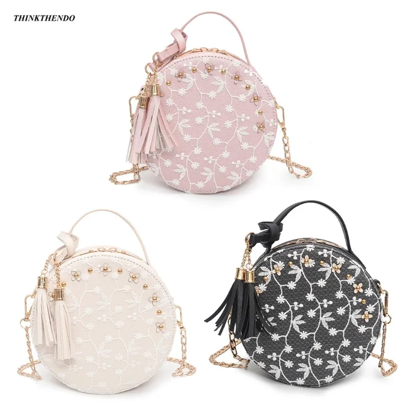 

THINKTHENDO 2018 New Fashion Women Girl Lace PU Bag Tassel Round Embroidery Handbag Purse Crossbody Tote Shoulder Bags Gift