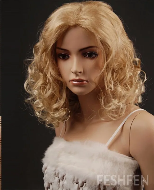 Feshfen Natural Short Curly Hair Blonde Highlights Wigs Rinka