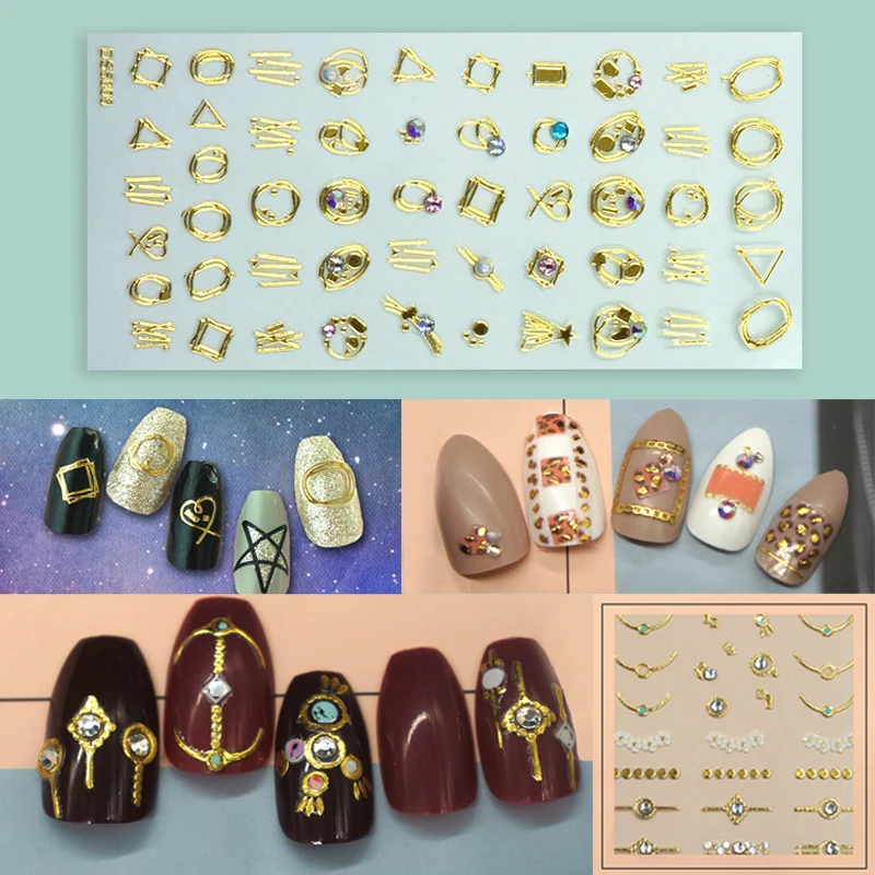 

Gold and Colorful 3D Nail Sticker with Metal and Rhinestones Lace Flower French Decal For Nails Decoration Nail Art Manicure
