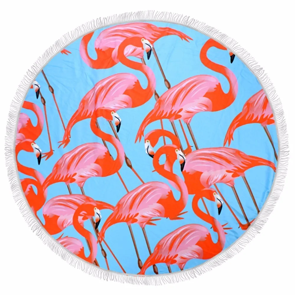 

150cm Bath Round Beach Towel Flamingos Love Microfiber Large Roundie Beach Mat Blanket Tassel Bohemian Serviette De Plage