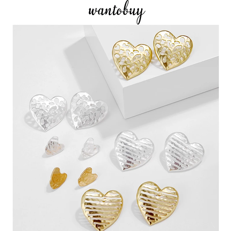 

Wantobuy Korean Fashion Gold Geometric Heart Vintage Earrings Charming Zinc Alloy Hollow High End Stud Earrings for Women 2019