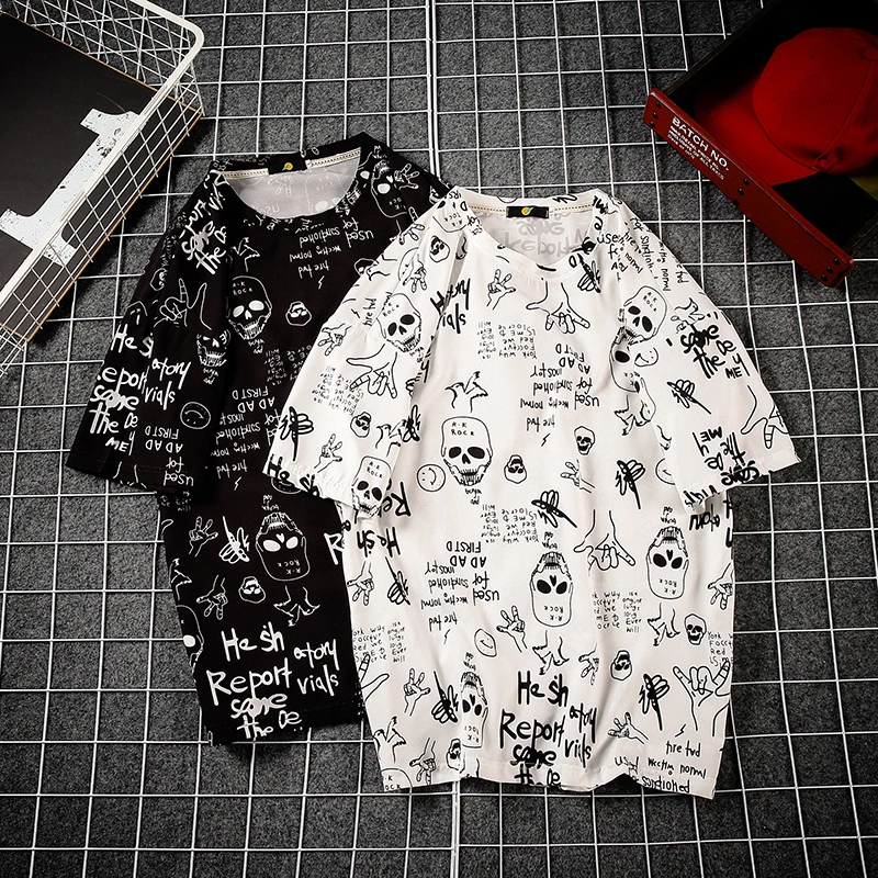 

Harajuku Male T-Shirt Skull Printing Men's T-Shirts O-Neck Comfortable Summer Black White Man's Short-Sleeved T-Shirt