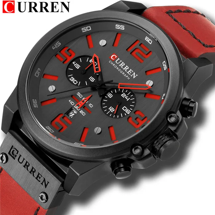 CURREN новые роскошные кварцевые мужские часы модные водонепроницаемые наручные часы с хронографом кожаные военные часы с дисплеем даты красные - Цвет: black red