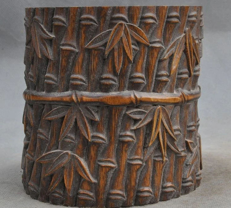 

Old Chinese Bamboo pure Hand-Carved Bamboo leaves brush pot pencil vase jar