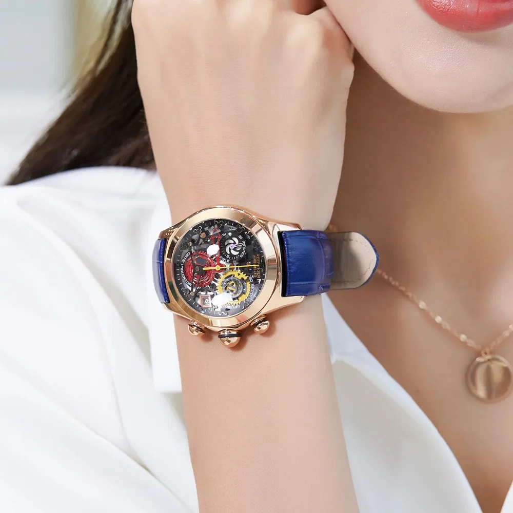 Reef Tiger/RT женские модные часы Swiss Ronda, часы со скелетом, часы из розового золота, часы с датой RGA7181