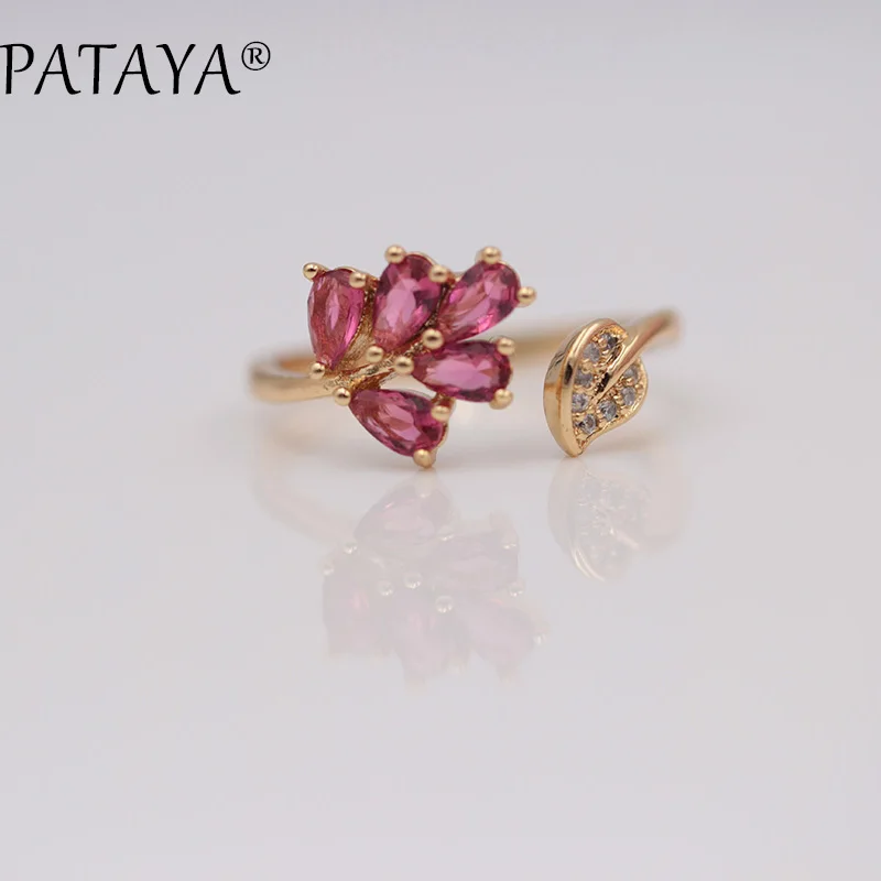 PATAYA модный бренд вверх открытые кольца розовый красный натуральный циркон кольца 585 лист цвета розовое золото форма капли воды кольцо для женщин ювелирные изделия RU