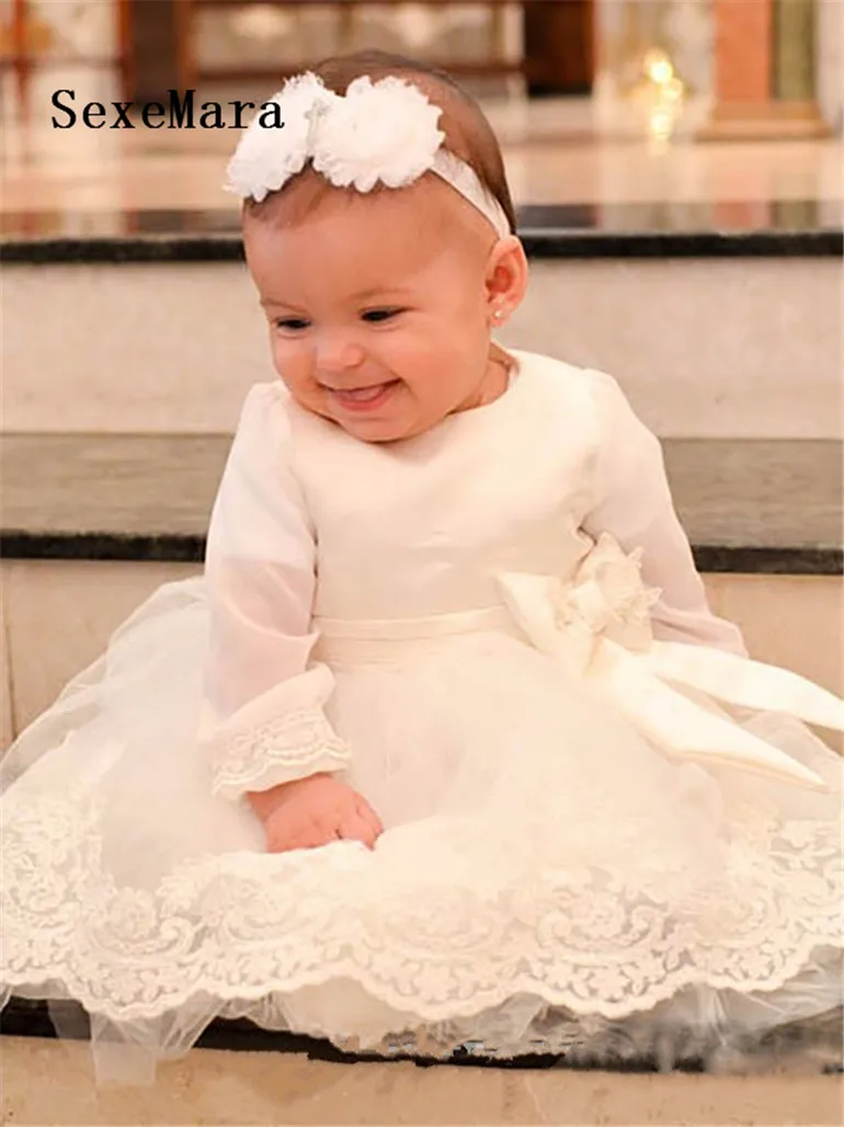 Dentelle Blanche Bebe Filles A Manches Longues Robe De Bapteme Avec Noeud Genou Longueur Infantile Filles Garcons Robe De Bapteme Aliexpress