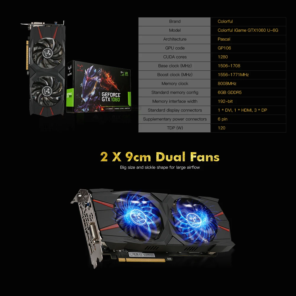Красочная игровая GTX1060 U 6G видеокарта 1556 1771 МГц/8008MHz1060 GDDR5 PCI E 3 * DP + HDMI DVI