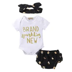 Милый комплект одежды для новорожденных девочек, детские летние комбинезоны + шорты с цветочным рисунком + повязка на голову, одежда для
