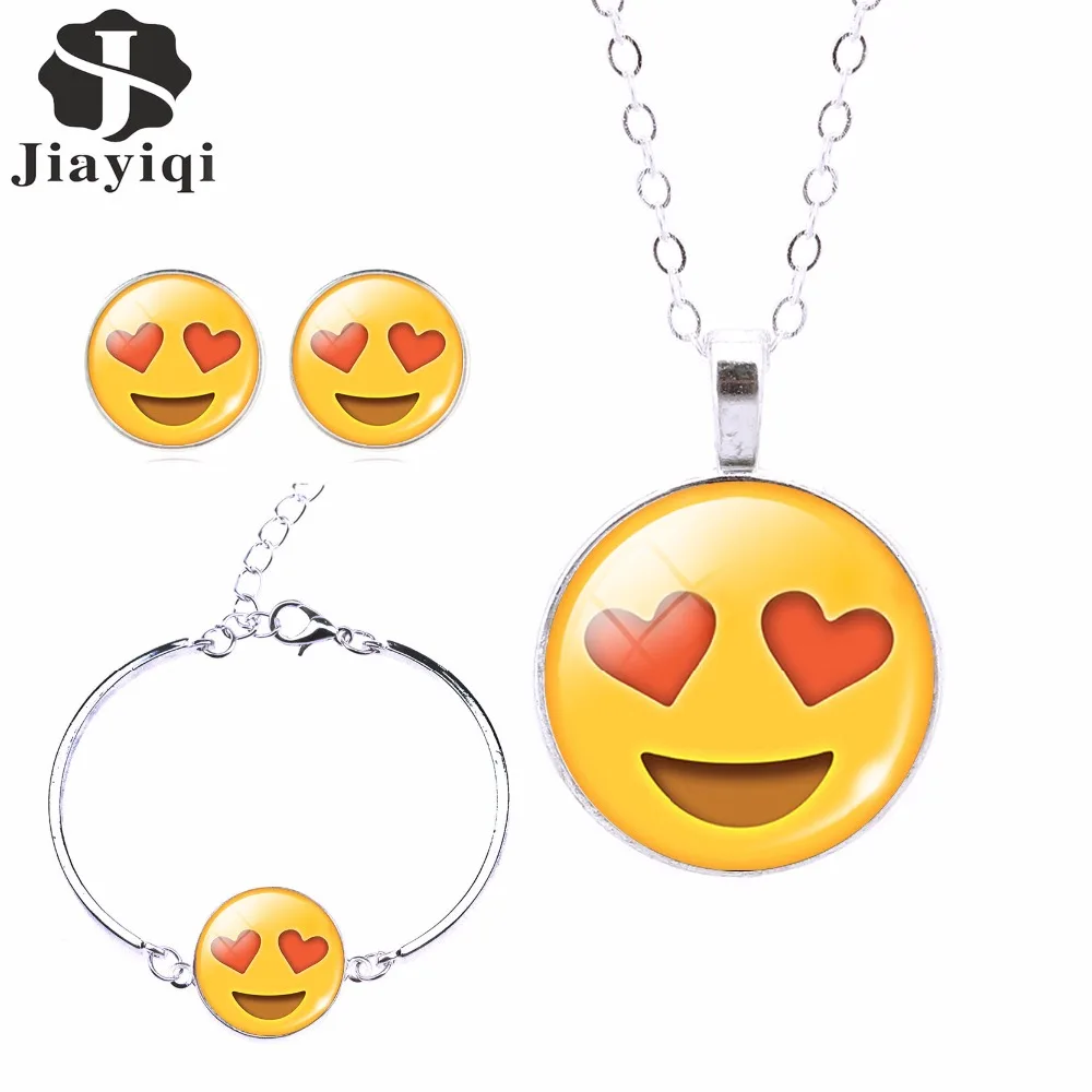 

2017 Fashion Women Emoji Jewelry Set Stud Earrings & Moon Pendant Choker Necklace Charm Cuff Bracelets & Bangles joyas de plata
