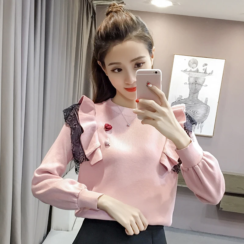 female sweater ruffles o-neck computer knitted pullovers patchwork new Korean version women Sweaters