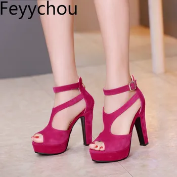 

Women Sandals Super High Heel Beach Summer Flock Buckle Peep Toe Platform 2018 Fashion Casual Wedding Beige Black Red Brown