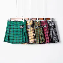 Женская мода лето осень высокая талия плиссированная юбка Harajuku клетчатые юбки Kawaii женские мини юбки с пуговицами