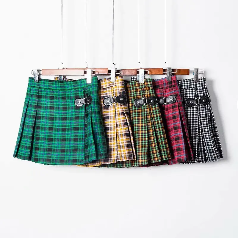 

Women Fashion Summer Autumn High Waist Pleated Skirt Harajuku Plaid Skirts Kawaii Female Button Stitching Mini Skirts