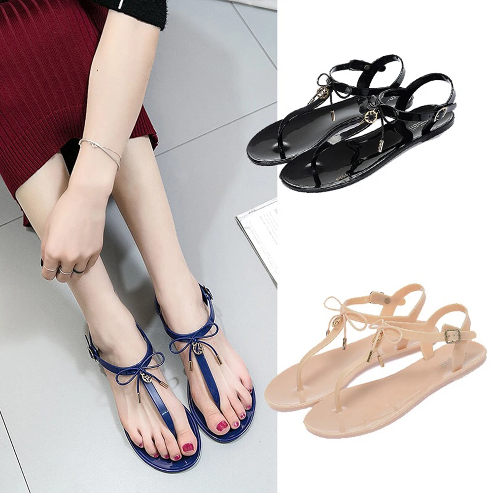 

Women Sandals T-Strap Flip-Flops Jelly Sandals Ankle Buckle Bowknot Summer Beach Shoes waterproof shoes gladiator sandal