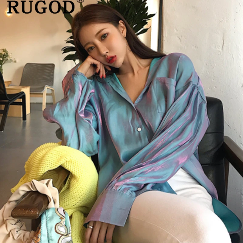 Vente RUGOD coréen Chic élégant dégradé chemise femmes mode col rabattu manches longues blouses haut pour femme 2019 Harajuku Kimono