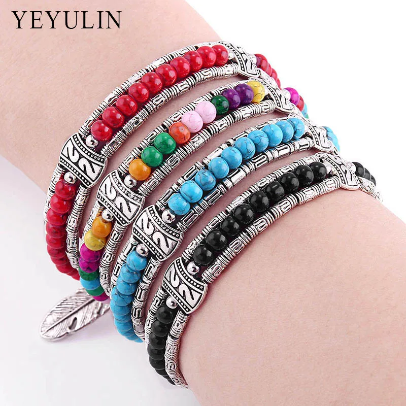 

Trendy Alloy Tibetan Silver Colorful Round Plastic Beads Feather Charms Bracelets For Men Women Beaded Bangle In Charm Bracelets