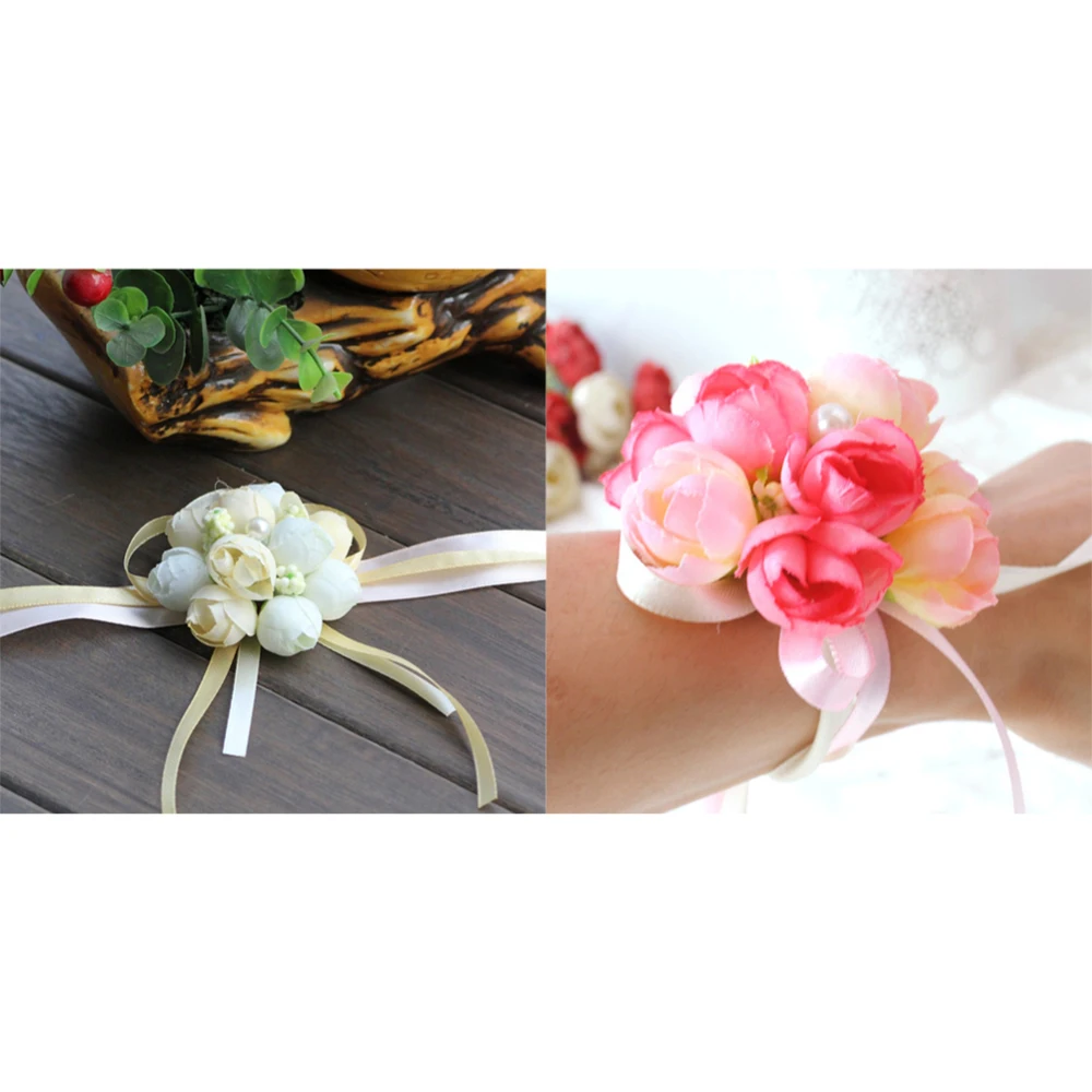 

20pcs/set Wedding Bride Bridesmaid Hand Wrist Flower Corsage Adjustable Ribbon Bracelets Party Prom Simulation Flower Decoration