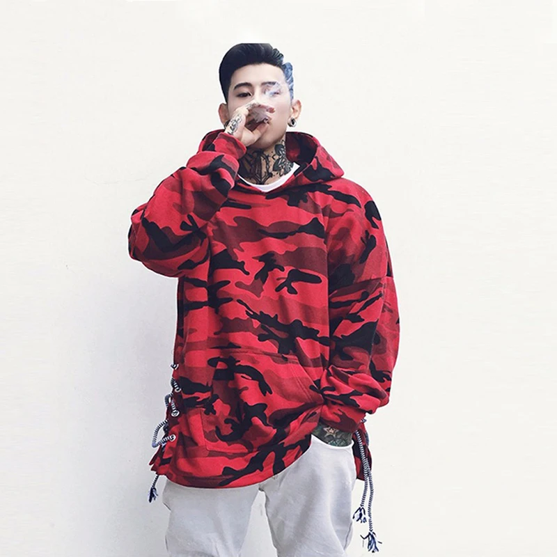 2018 Fashion Mens Drawstring Camo Hooded Red Camouflage Hoodie High Street Sweatshirts Men Hip Hop Hoodies Sweatshirt