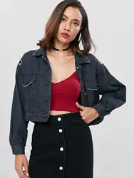 Прокладка укороченная джинсовая куртка 2018 Для женщин одноцветное Короткое пальто джинсовые куртки с длинным рукавом стрейч верхняя